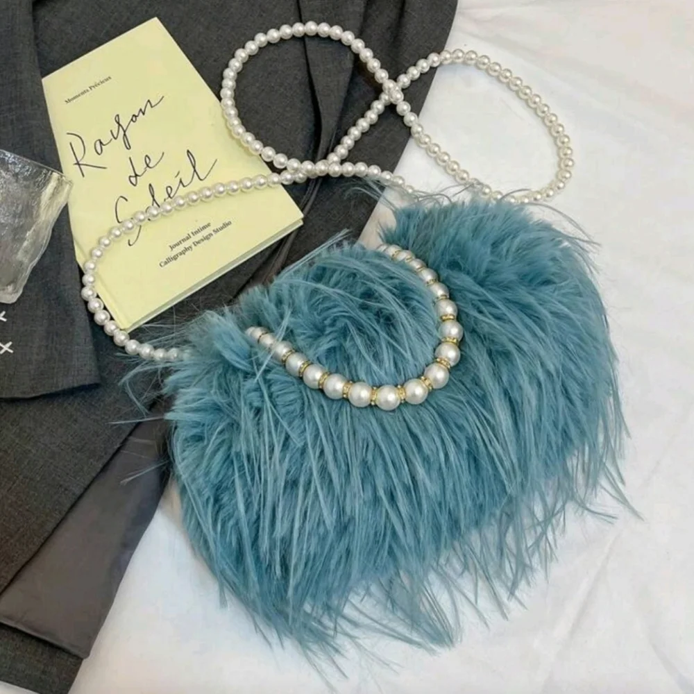 NWT Blue Super Fluffy Faux Fur Double Pearl Chain Cross Body Clutch Handbag